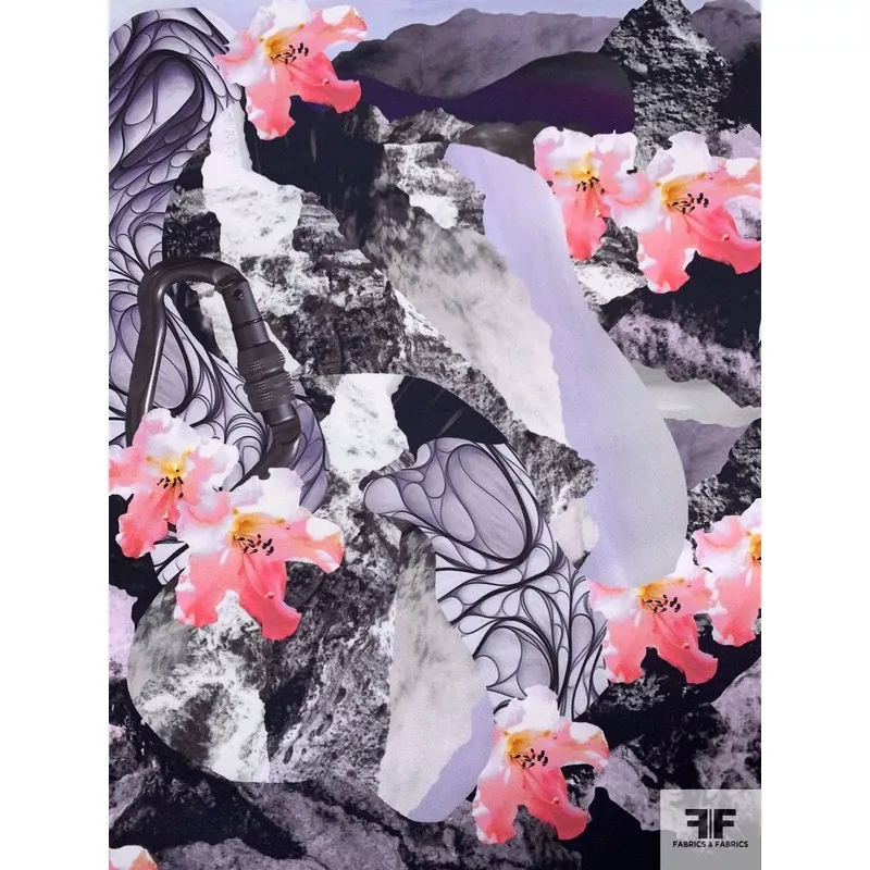 Abstract Collage Printed Double Faced Polyester Satin – Purple / Coral / Black / Grey