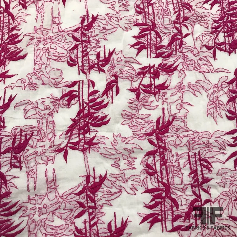 Abstract Leaf Embroidered Cotton – White/Pink