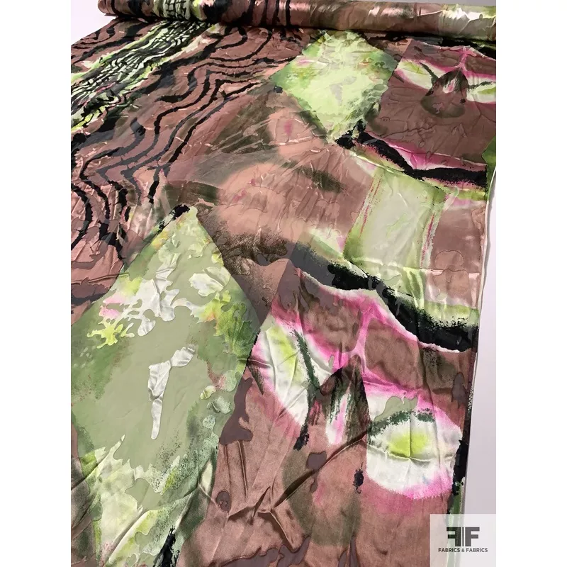 Abstract Printed Burnout Polyester Chiffon – Green / Brown / Pink