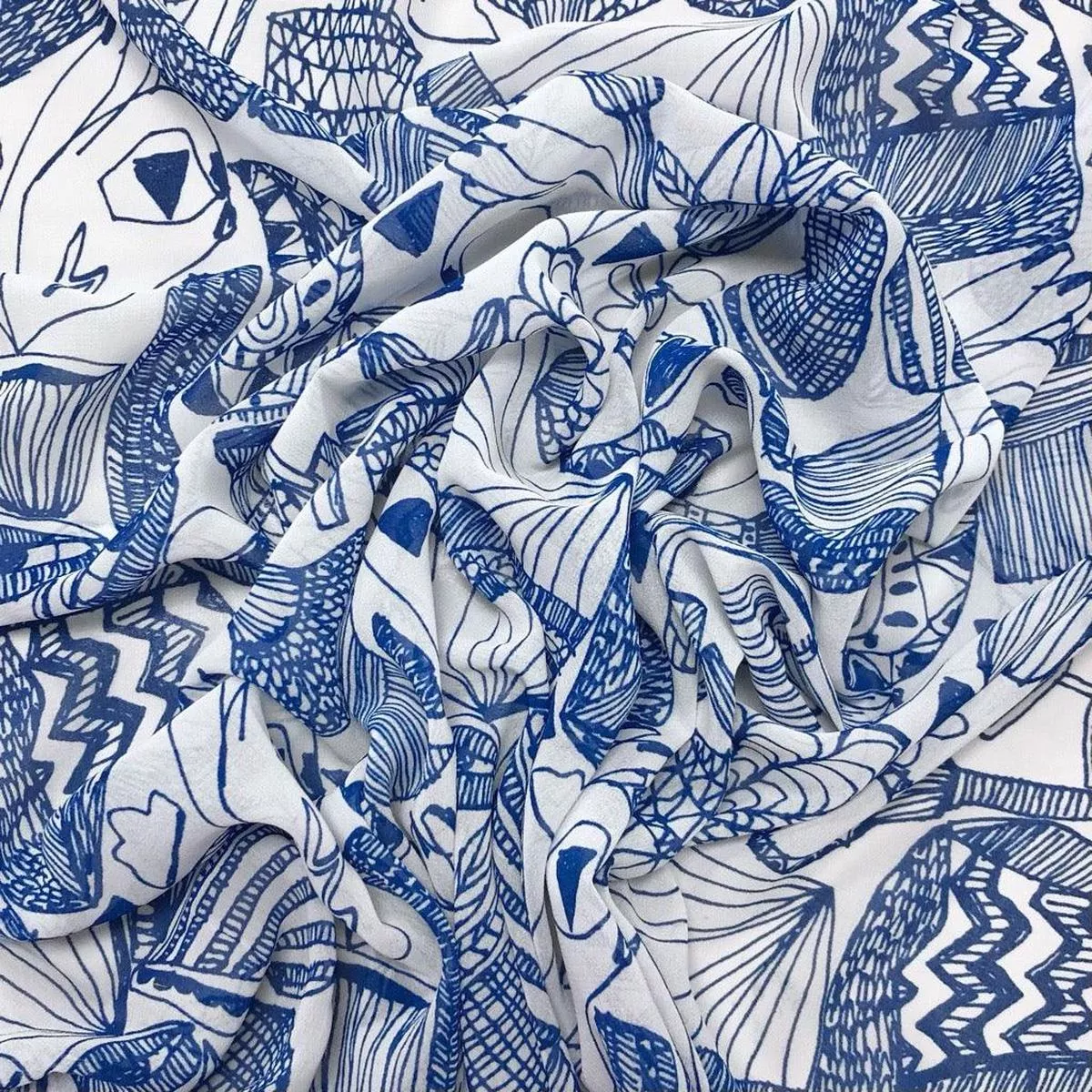 All Over Doodles on White Chiffon Fabric