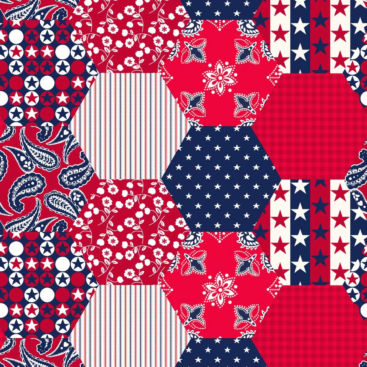 americana-patchwork-patriotic-hexagon-fabric Americana Patchwork – Patriotic Hexagon Fabric