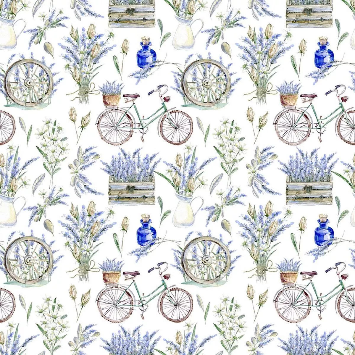 Bicycle & Lavender Flowers Fabric – White