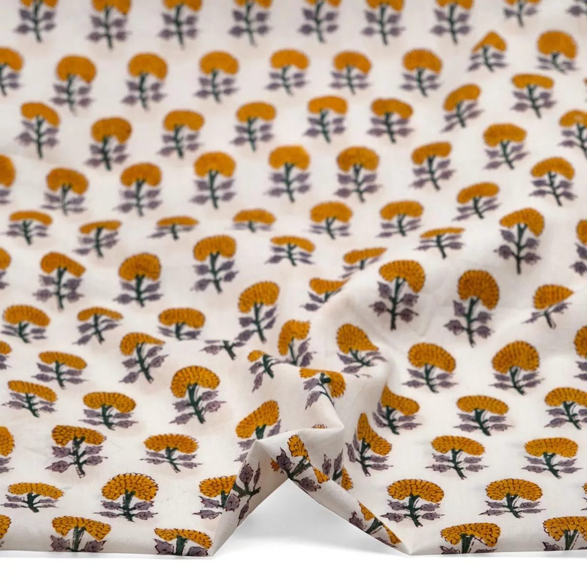 Bloom Block Printed Organic Cotton Batiste – White/Marigold