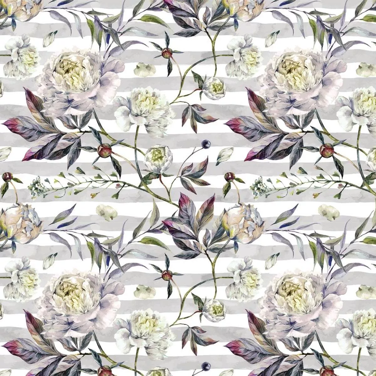 Blooming Peonies On Stripes Fabric – Gray