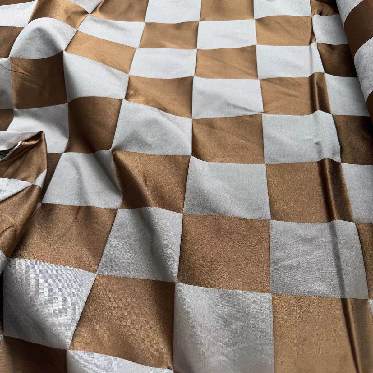 Blue & Brown Check – Silk Duchess Satin Fabric