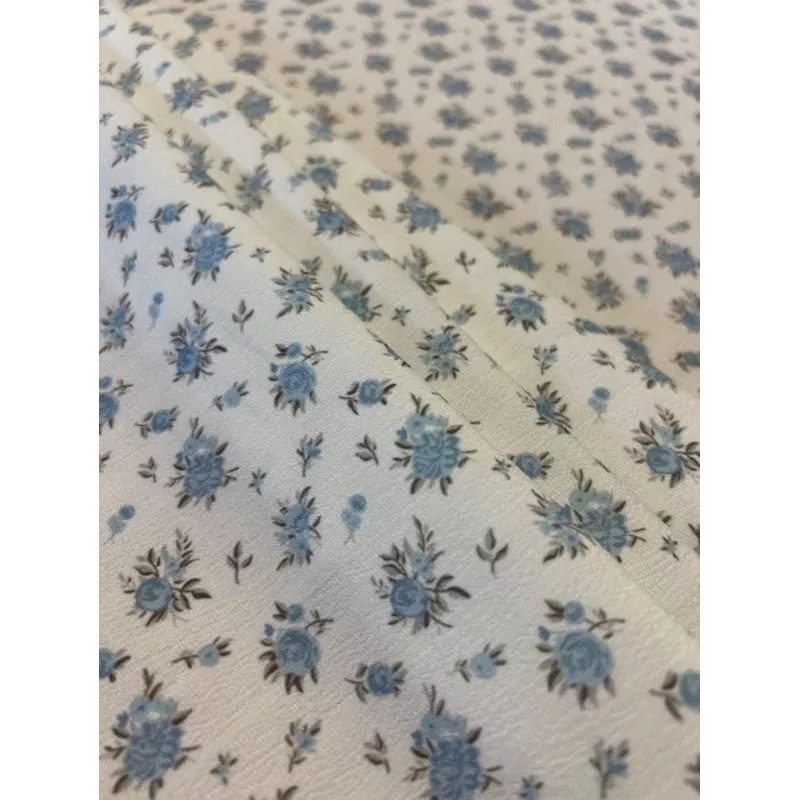 Blue & Grey Floral Polyester FabricIvory Crinkle Base