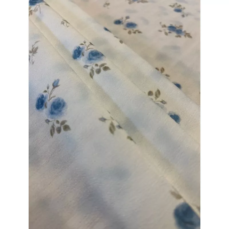 blue-taupe-floral-polyester-fabricivory-crinkle-base Blue & Taupe Floral Polyester FabricIvory Crinkle Base