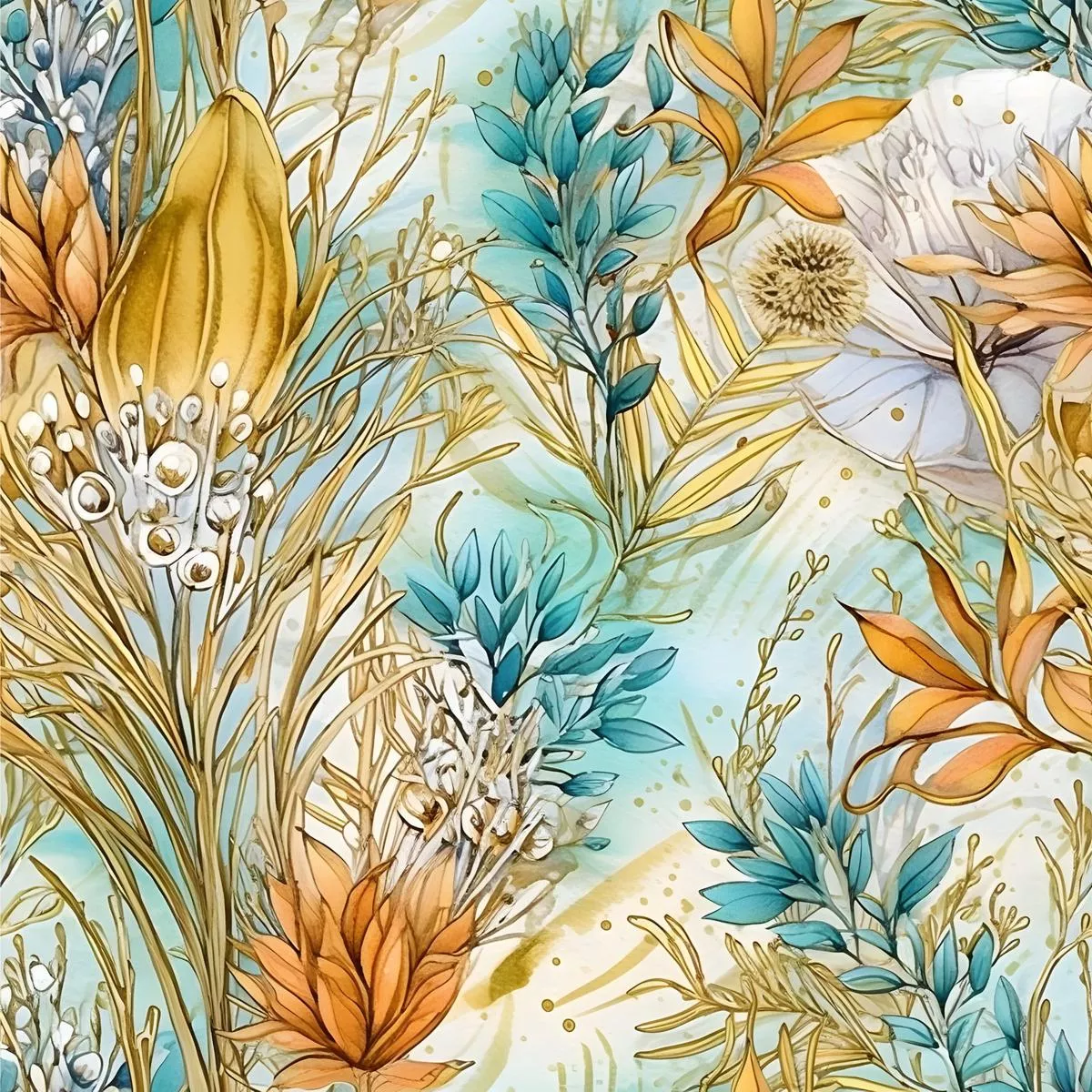 Boho Beach Botanicals Blue Peach Pattern 8 Quilting Cotton Fabric
