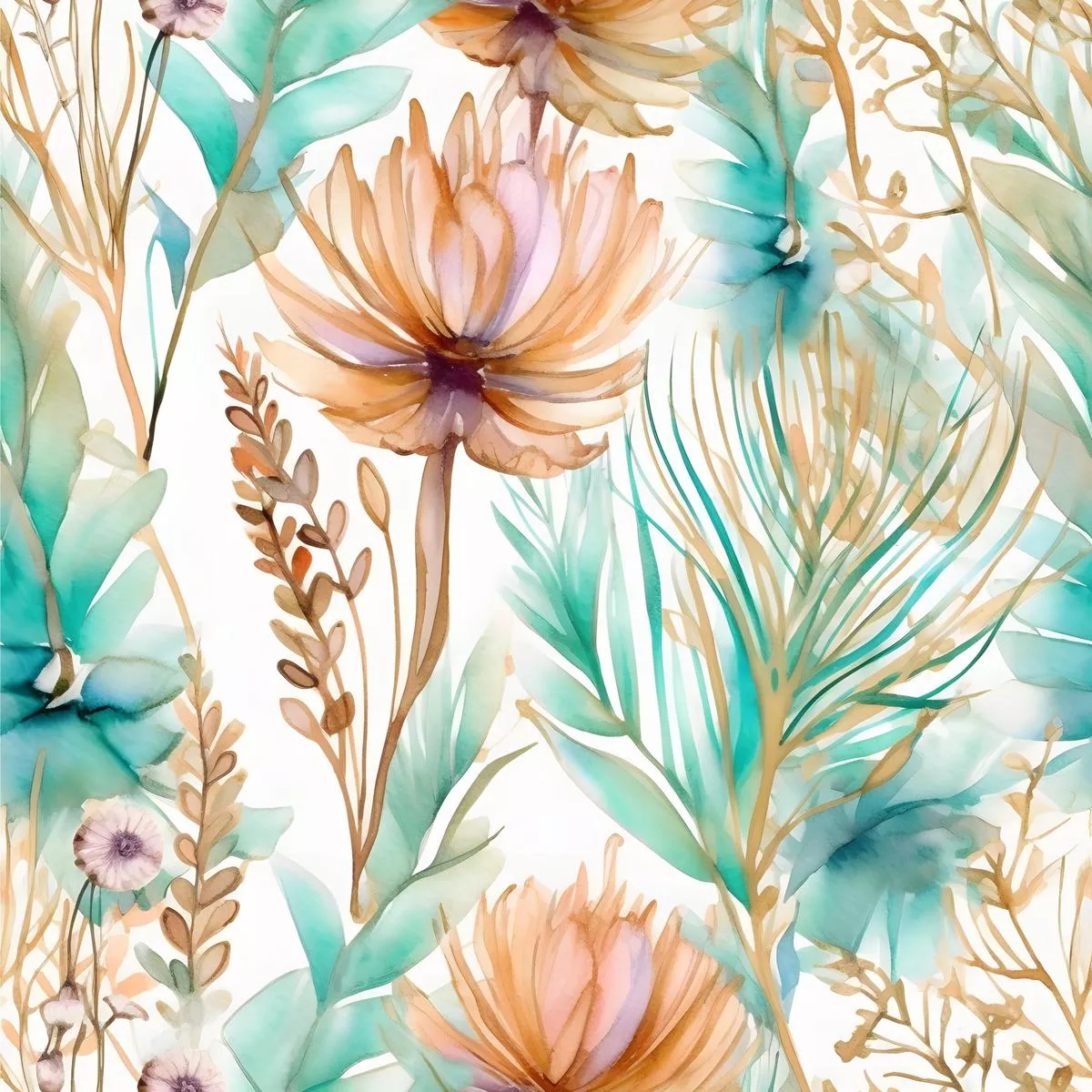 Boho Beach Botanicals Blue Peach Pattern 9 Quilting Cotton Fabric