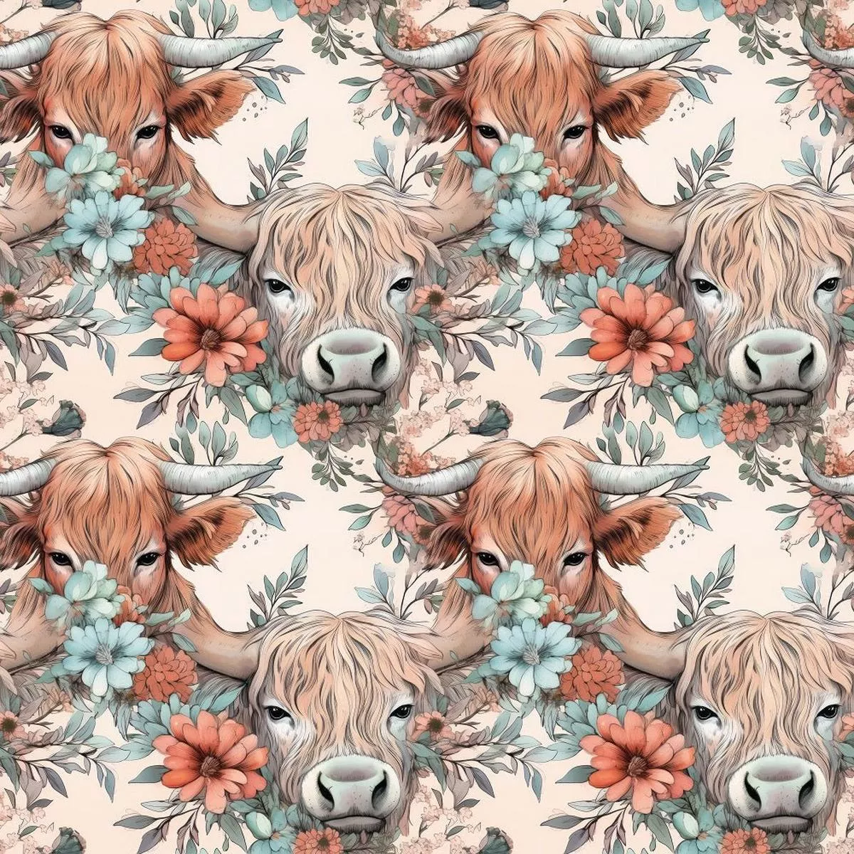 boho-highland-cows-25-fabric Boho Highland Cows #25 Fabric