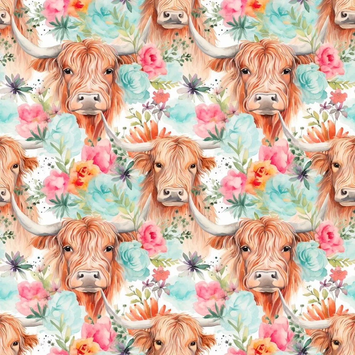 Boho Highland Cows #4 Fabric