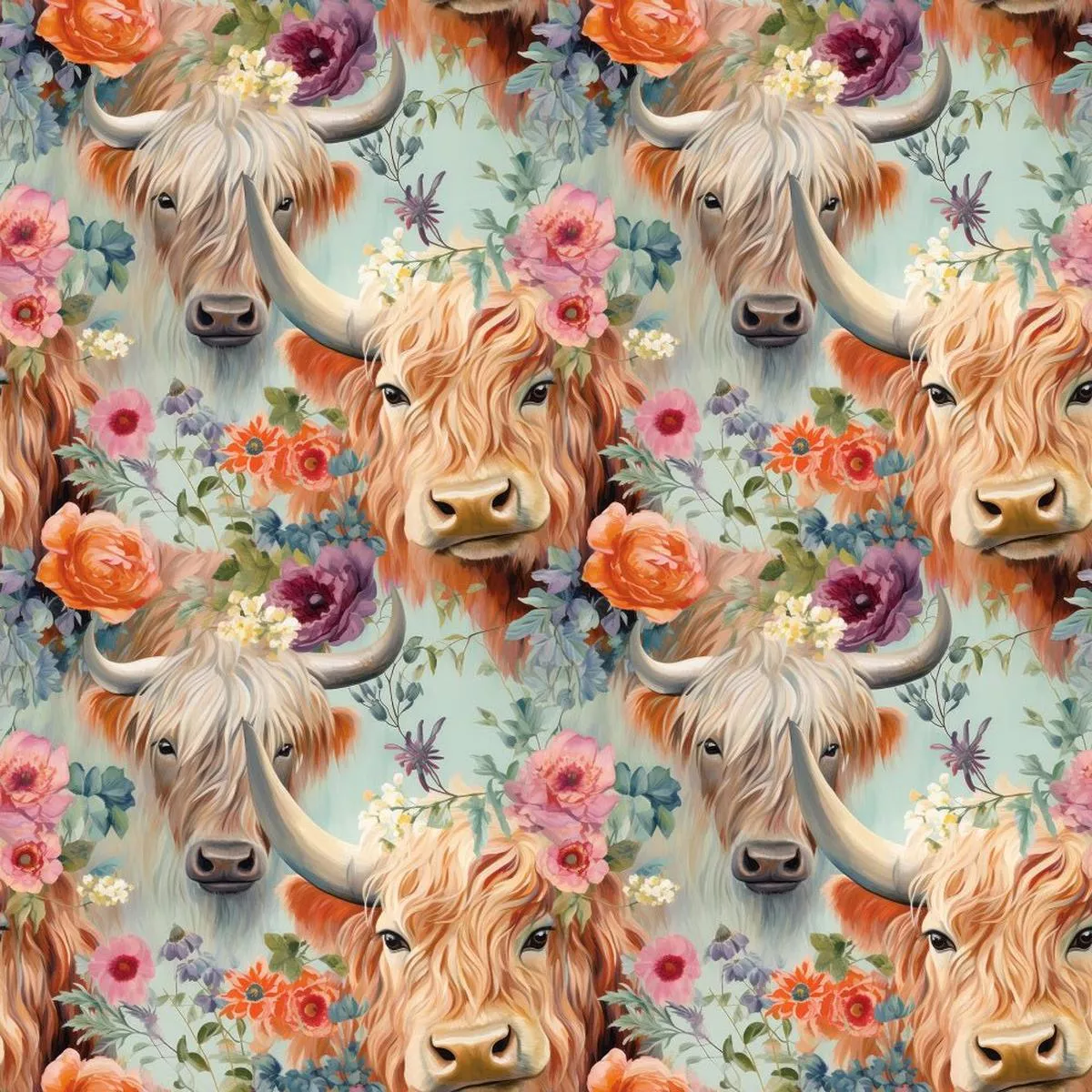 boho-highland-cows-6-fabric Boho Highland Cows #6 Fabric
