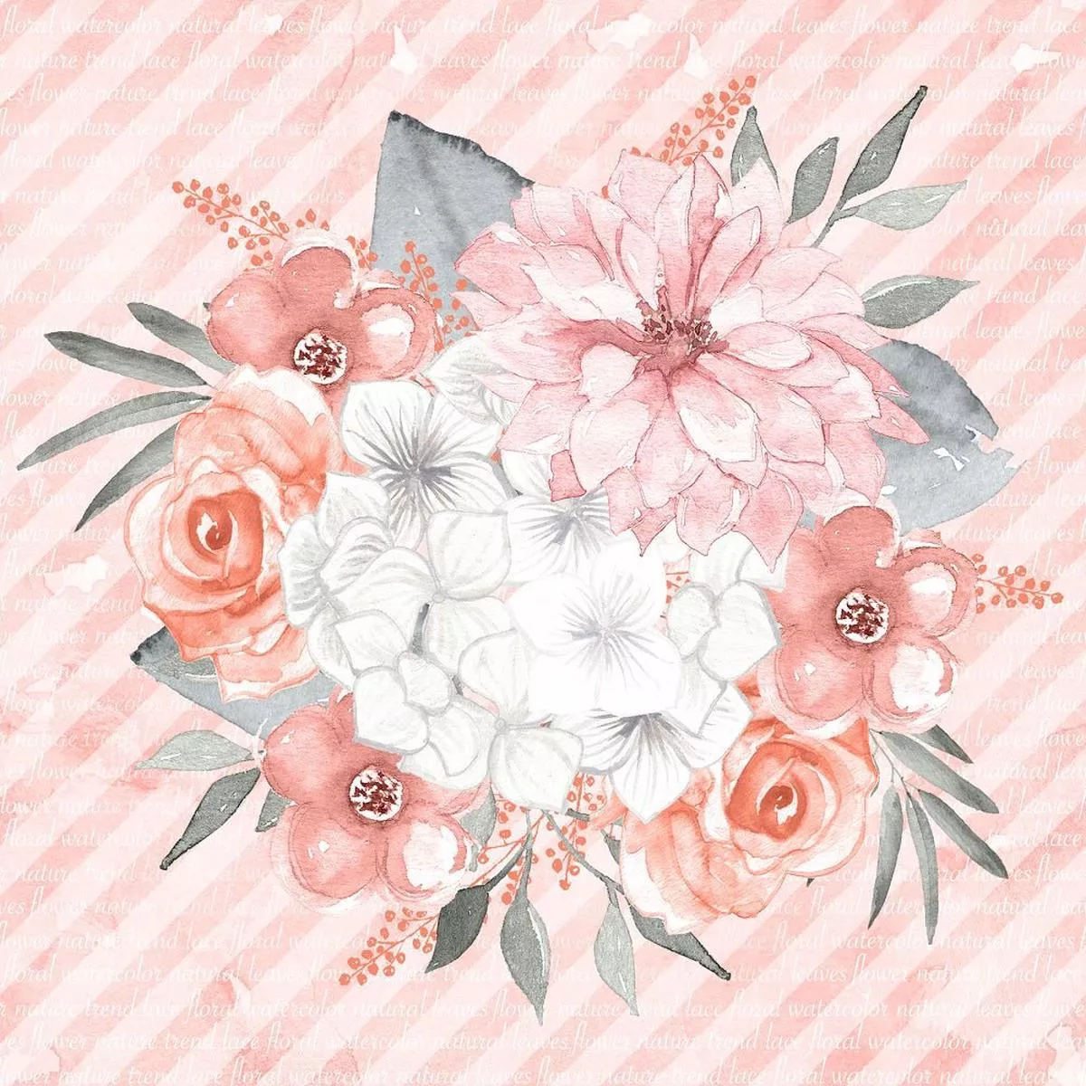 bouquet-on-diagonal-stripe-fabric-panel-coral Bouquet on Diagonal Stripe Fabric Panel – Coral