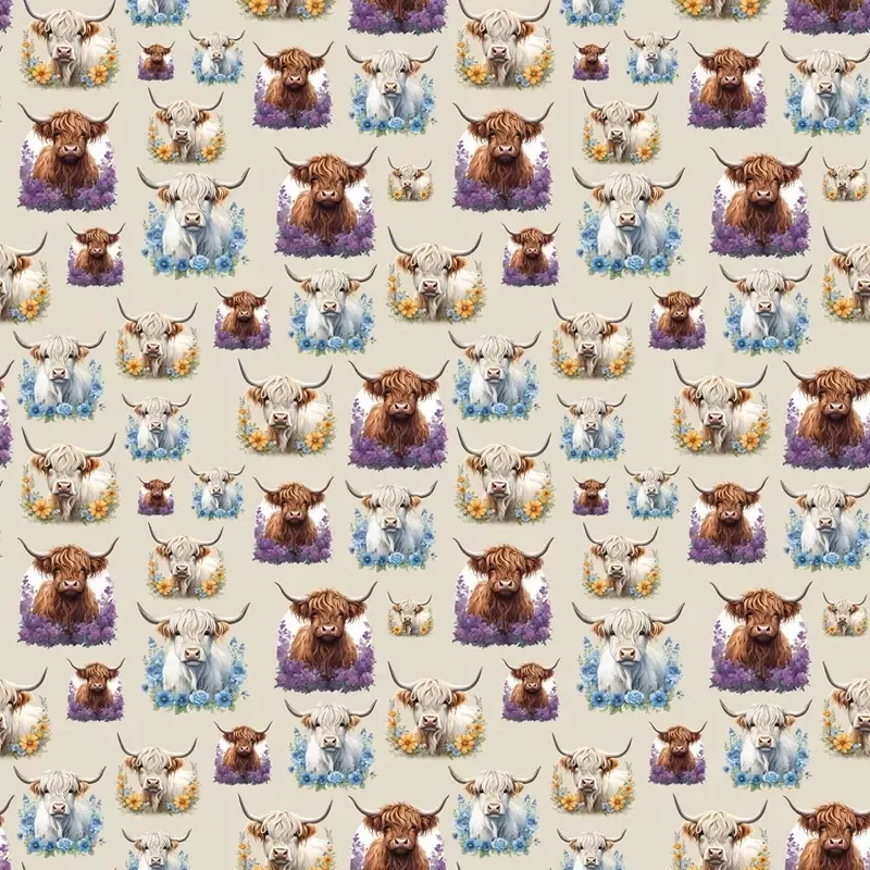 brown-white-highland-cows-flowers-fabric-tan Brown & White Highland Cows& Flowers Fabric – Tan