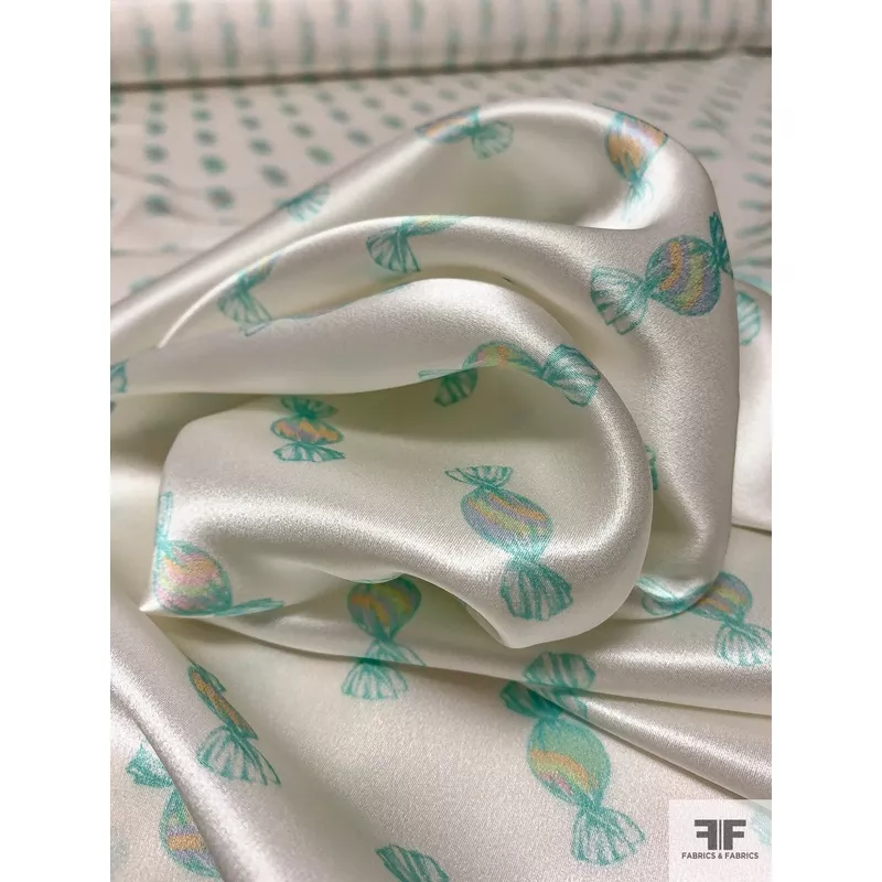 Candy Printed Silk Charmeuse – Aquamarine / Light Ivory