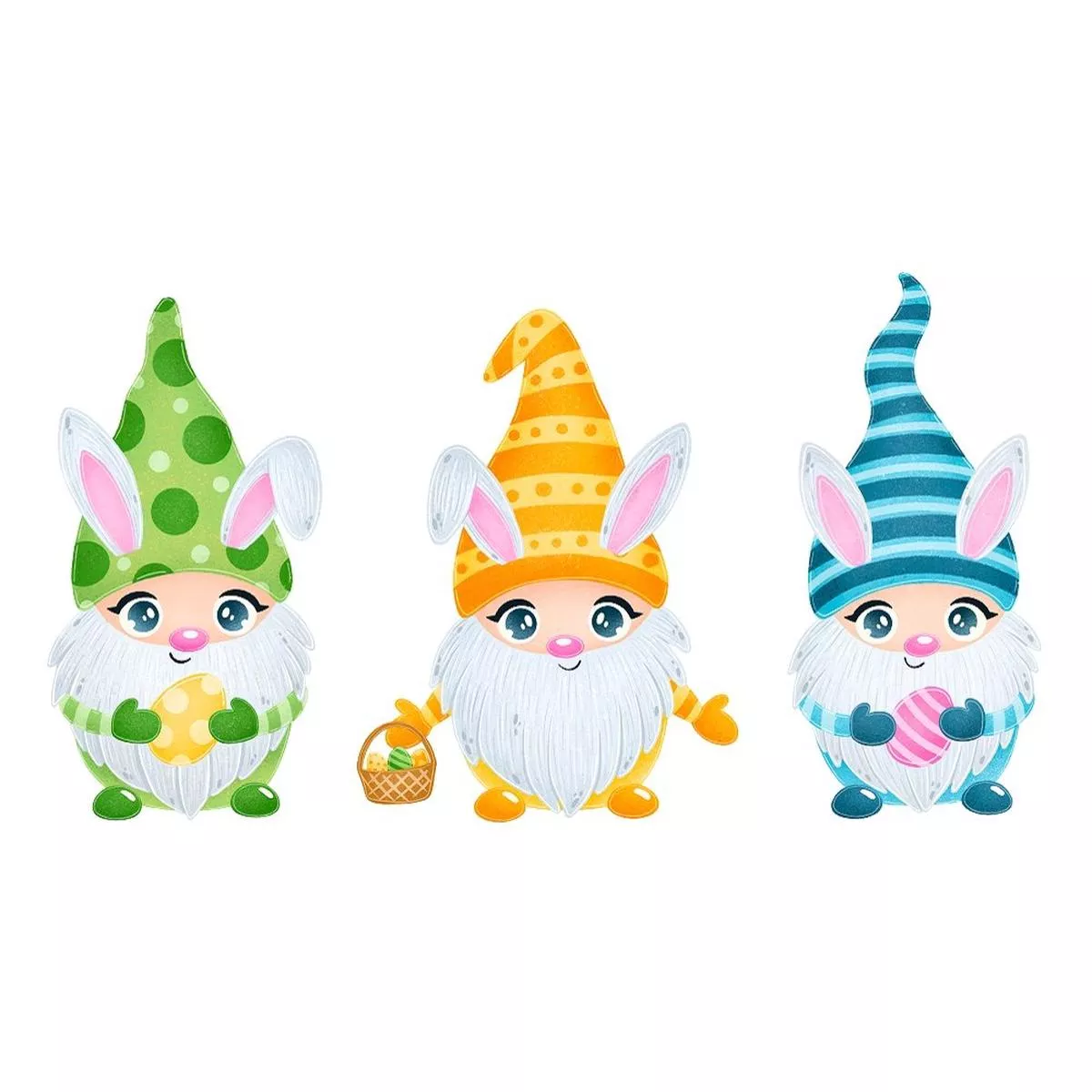 Cartoon Easter Gnomes Fabric Panel – White