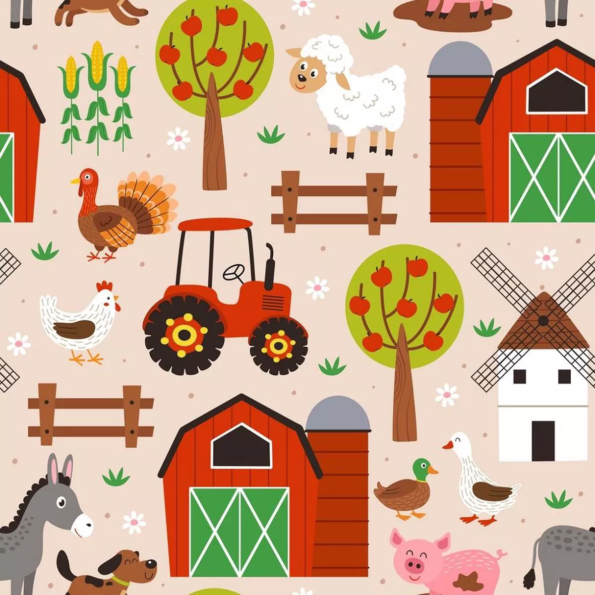 cartoon-farming-elements-fabric-pink Cartoon Farming Elements Fabric – Pink