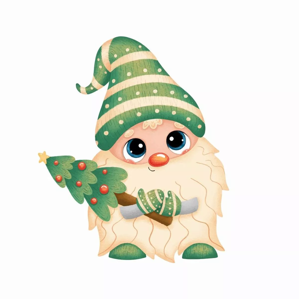 cartoon-gnome-with-christmas-tree-fabric-panel-white Cartoon Gnome With Christmas Tree Fabric Panel – White
