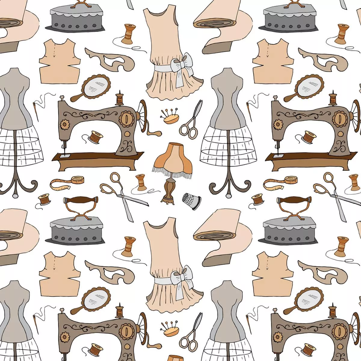 cartoon-vintage-sewing-items-fabric-white Cartoon Vintage Sewing Items Fabric – White