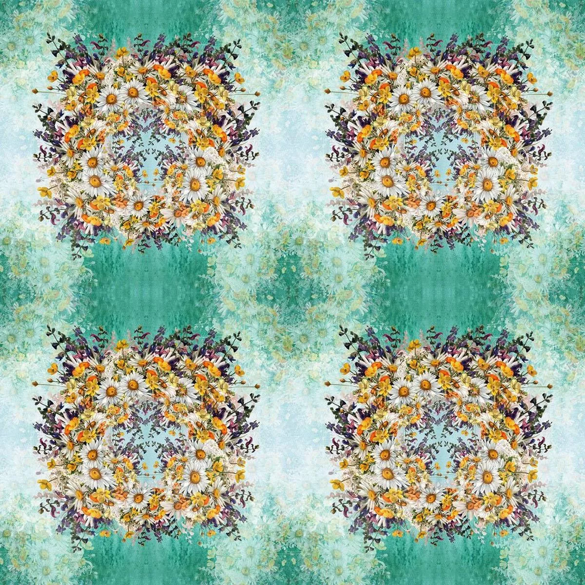 chamomile-flowers-mirrored-bouquets-fabric-green Chamomile Flowers Mirrored Bouquets Fabric – Green