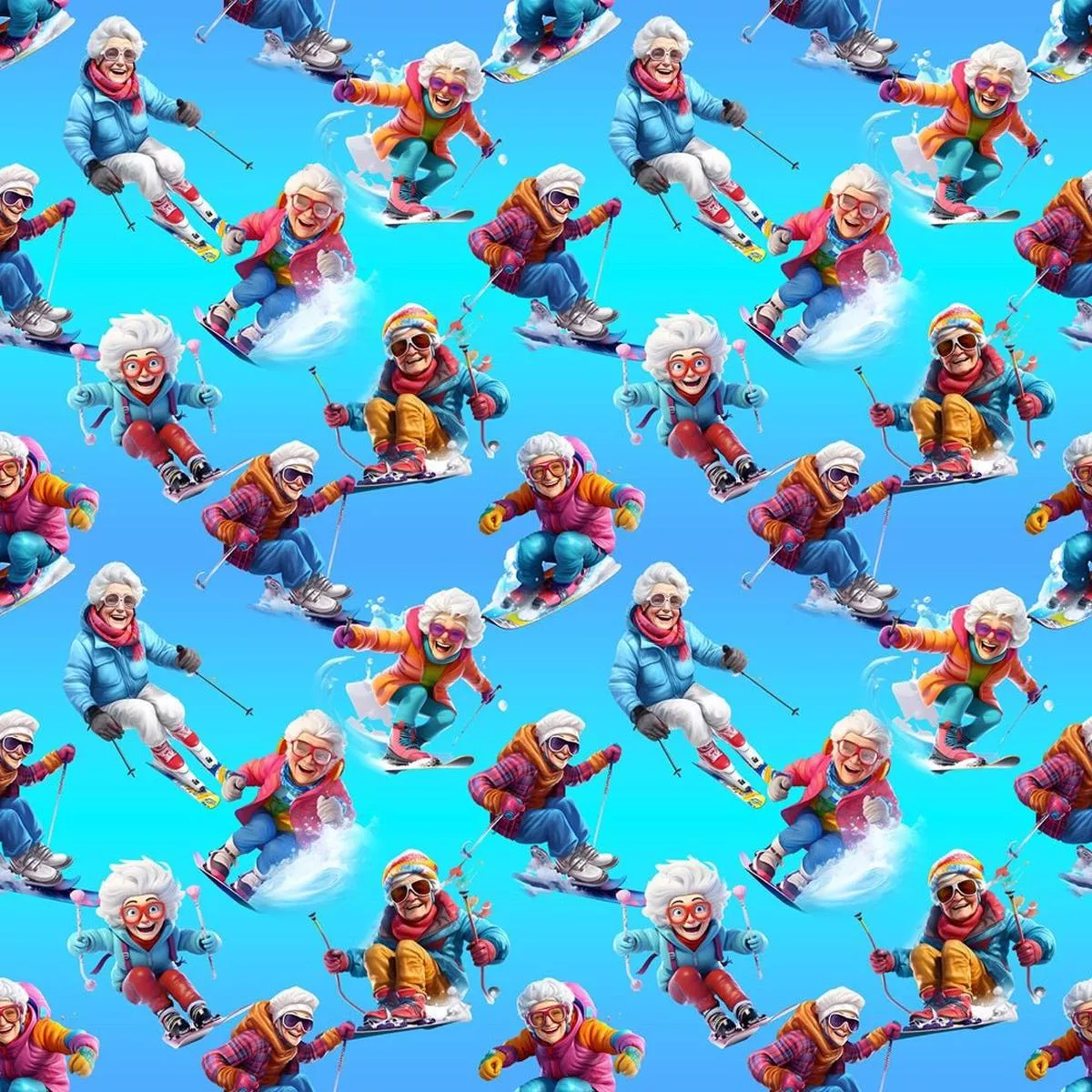 Cheerful Grannies Skiing Fabric