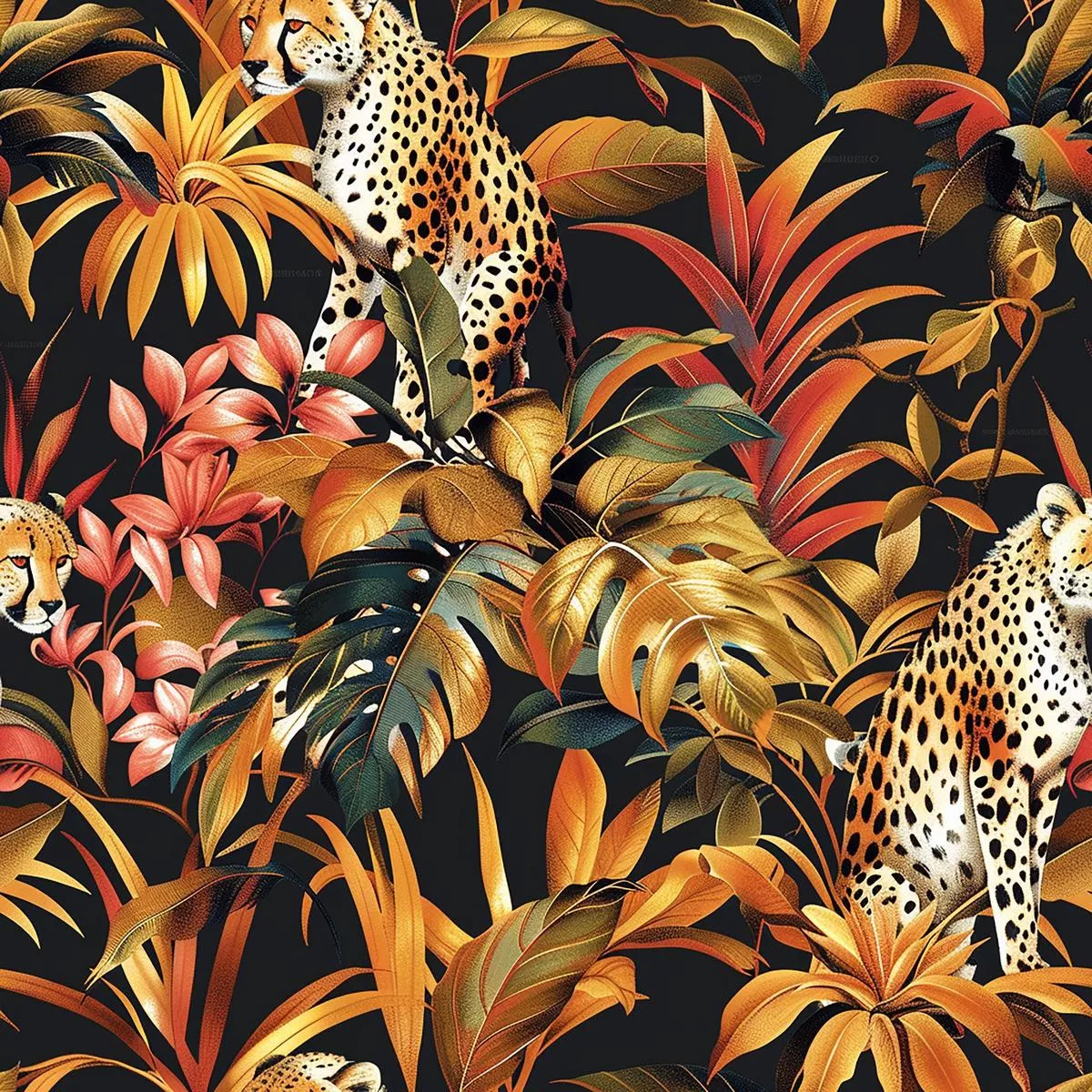 Cheetah and Leaves Pattern 5 Quilting Cotton Fabric