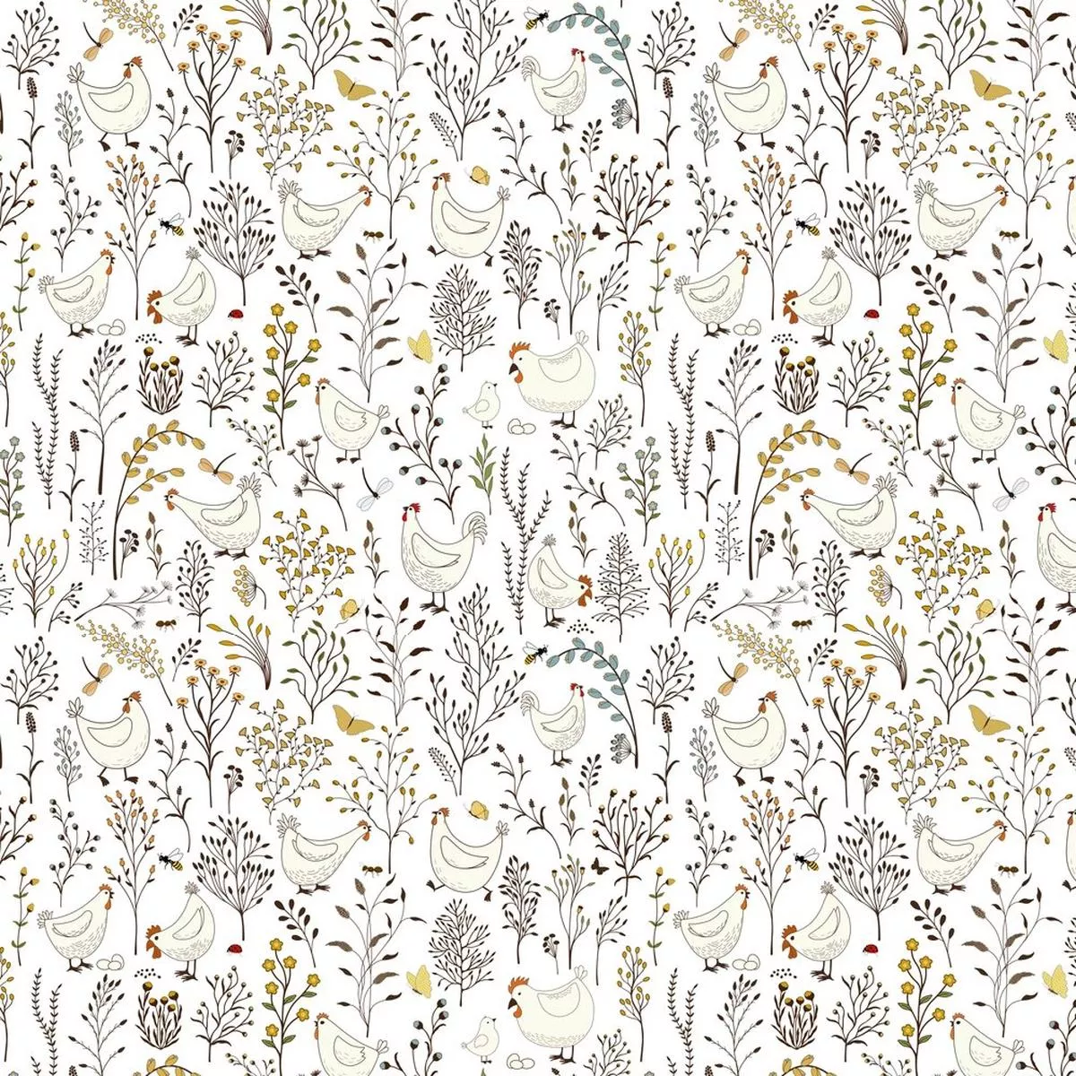 chickens-in-garden-fabric-white Chickens In The Garden Fabric – White
