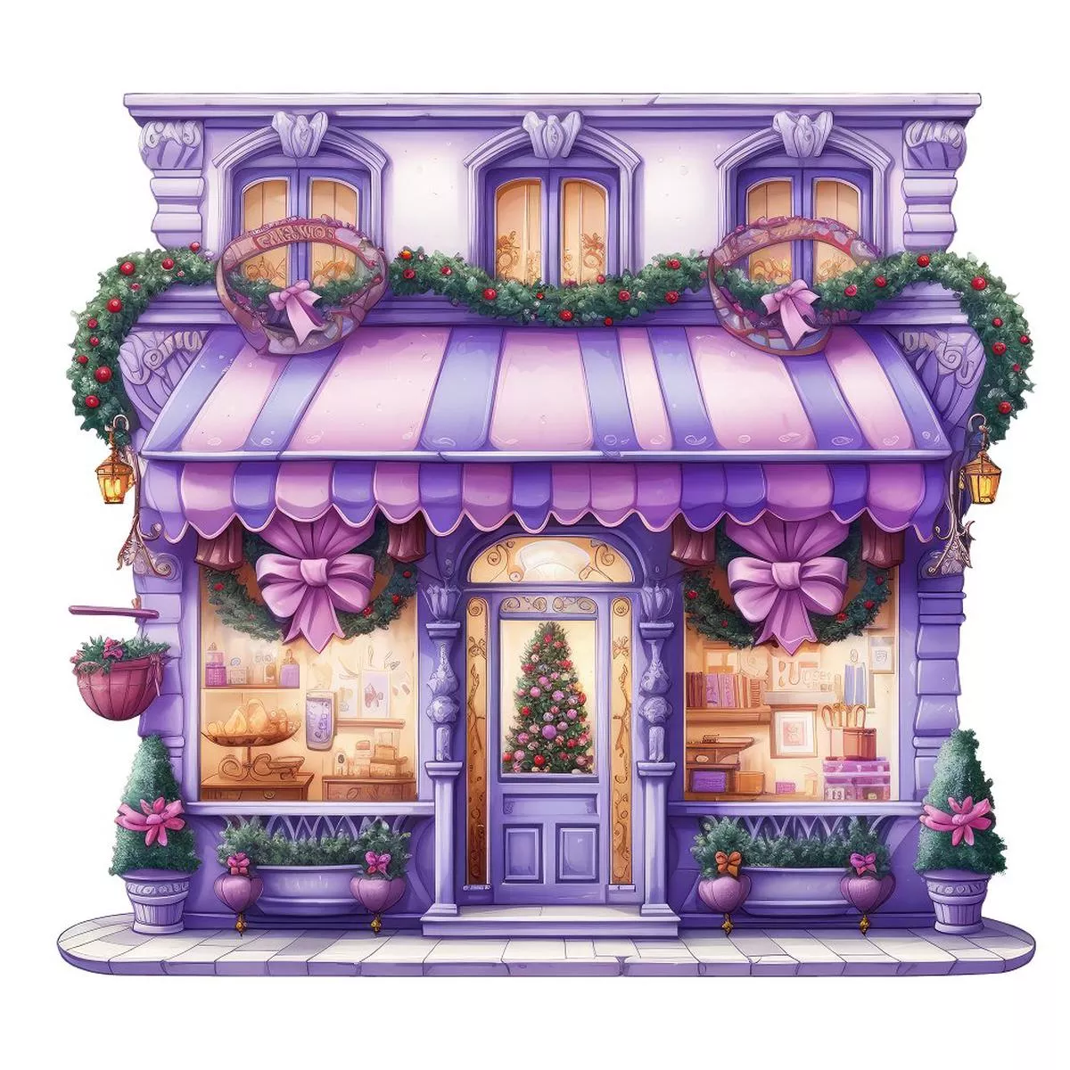 Christmas Antique Storefront Fabric Panel – Purple