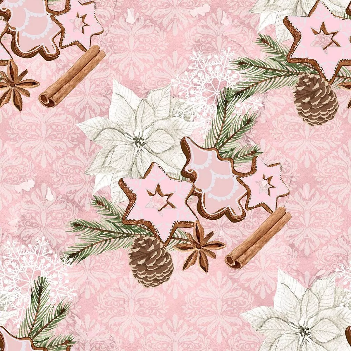 Christmas Elements on Snowflakes Fabric – Pink