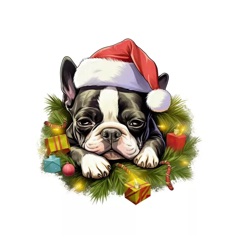 christmas-lazy-boston-terrier-fabric-panel Christmas Lazy Boston Terrier Fabric Panel