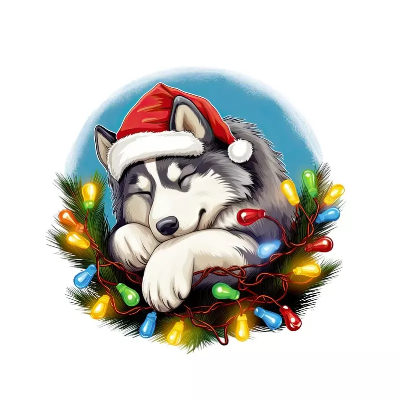 Christmas Sleeping Siberian Husky Fabric Panel