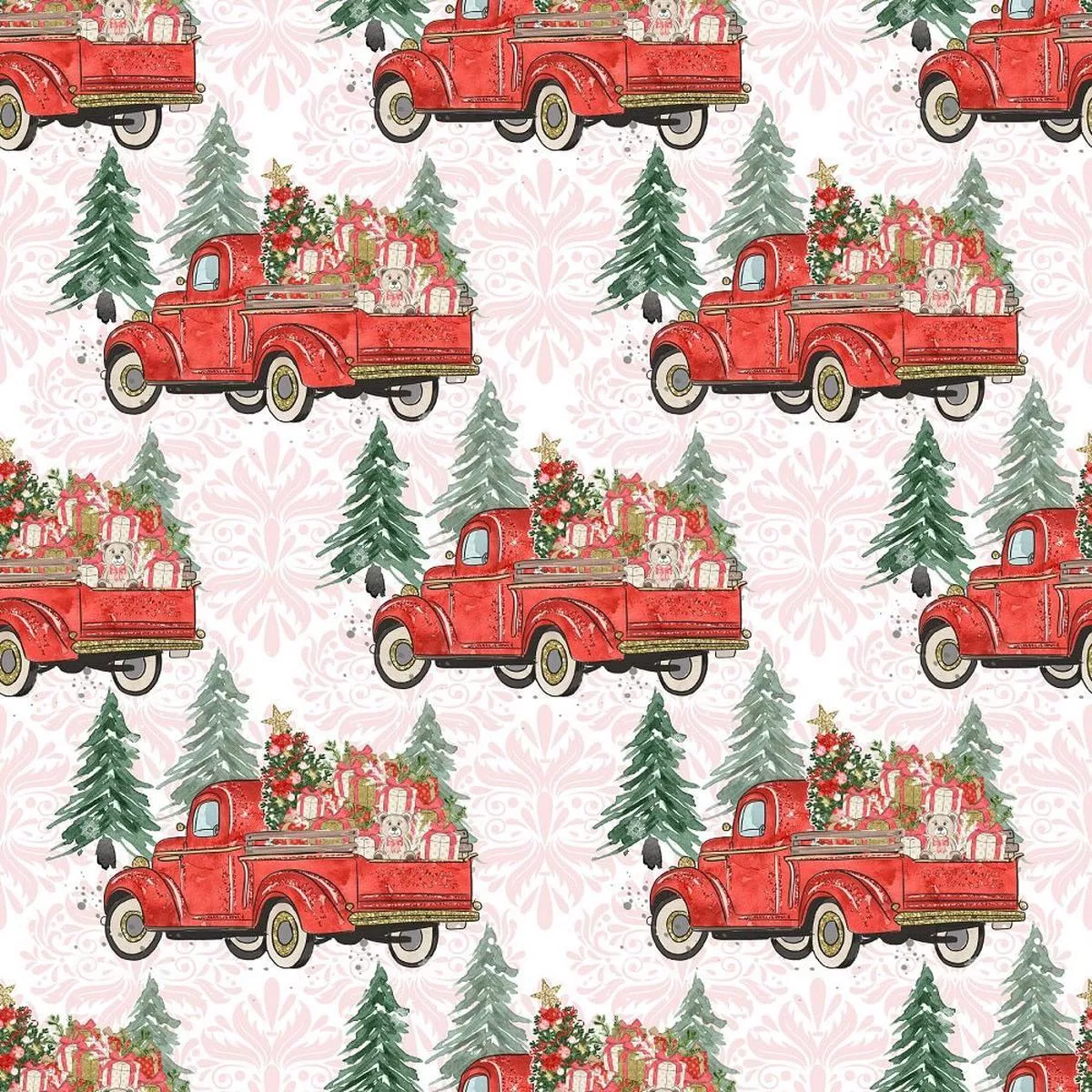 christmas-trucks-trees-fabric-pink Christmas Trucks & Trees Fabric – Pink