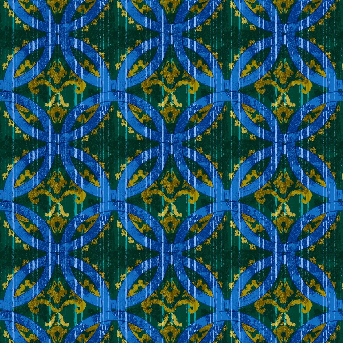 Circular Tiles on Green & Blue Fabric