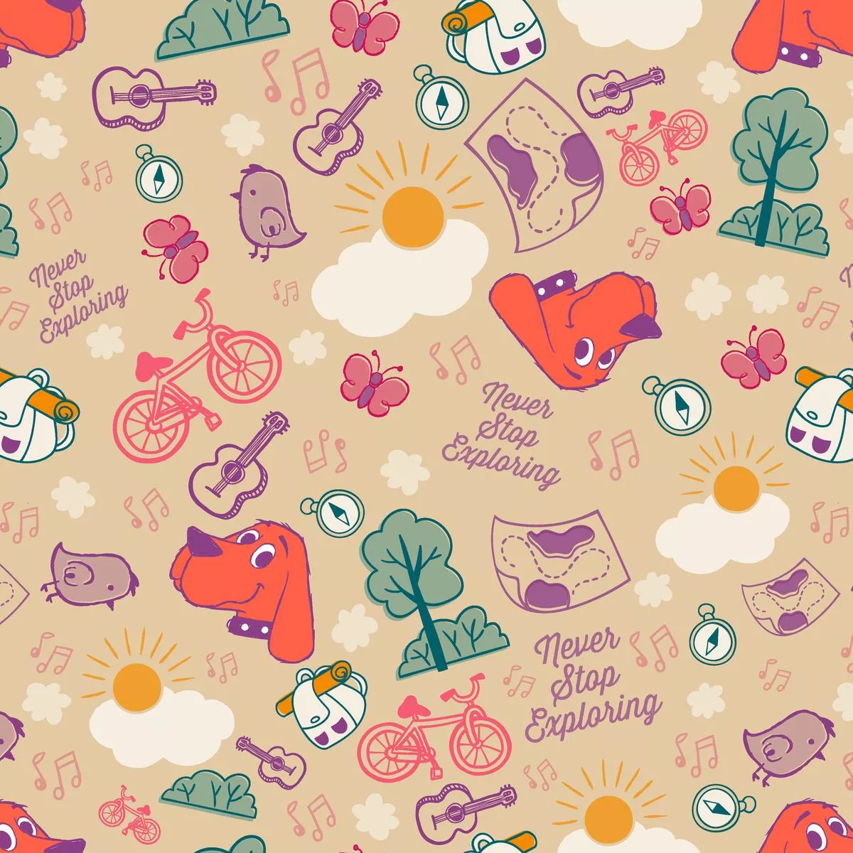 clifford-never-stop-exploring-on-beige-fabric Clifford Never Stop Exploring on Beige Fabric