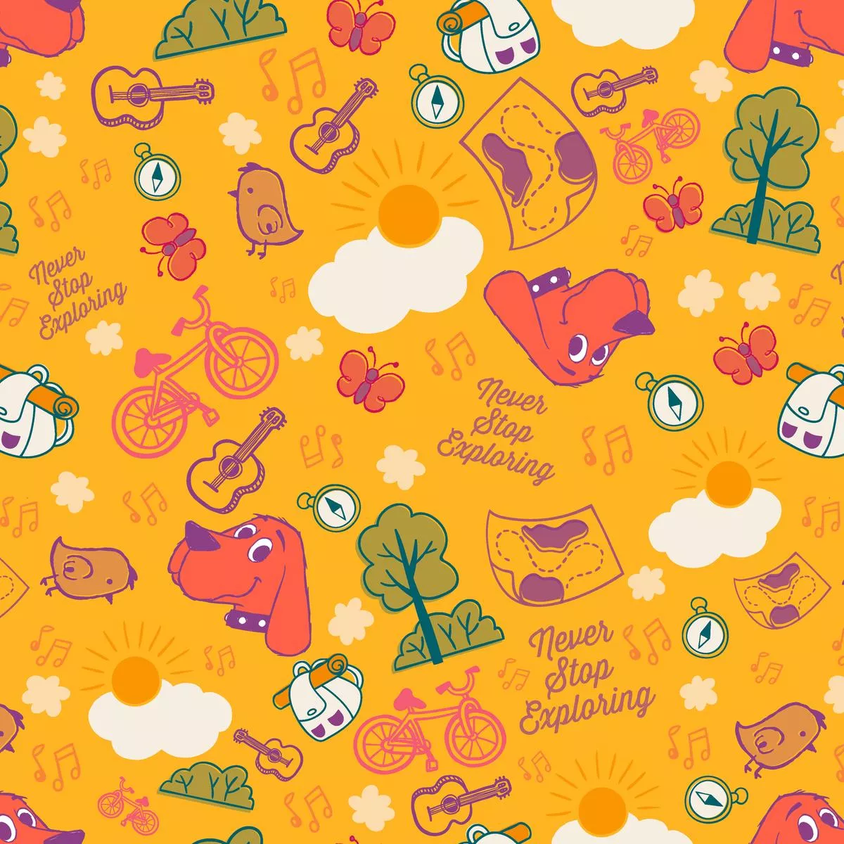 Clifford Never Stop Exploring on Yellow Fabric