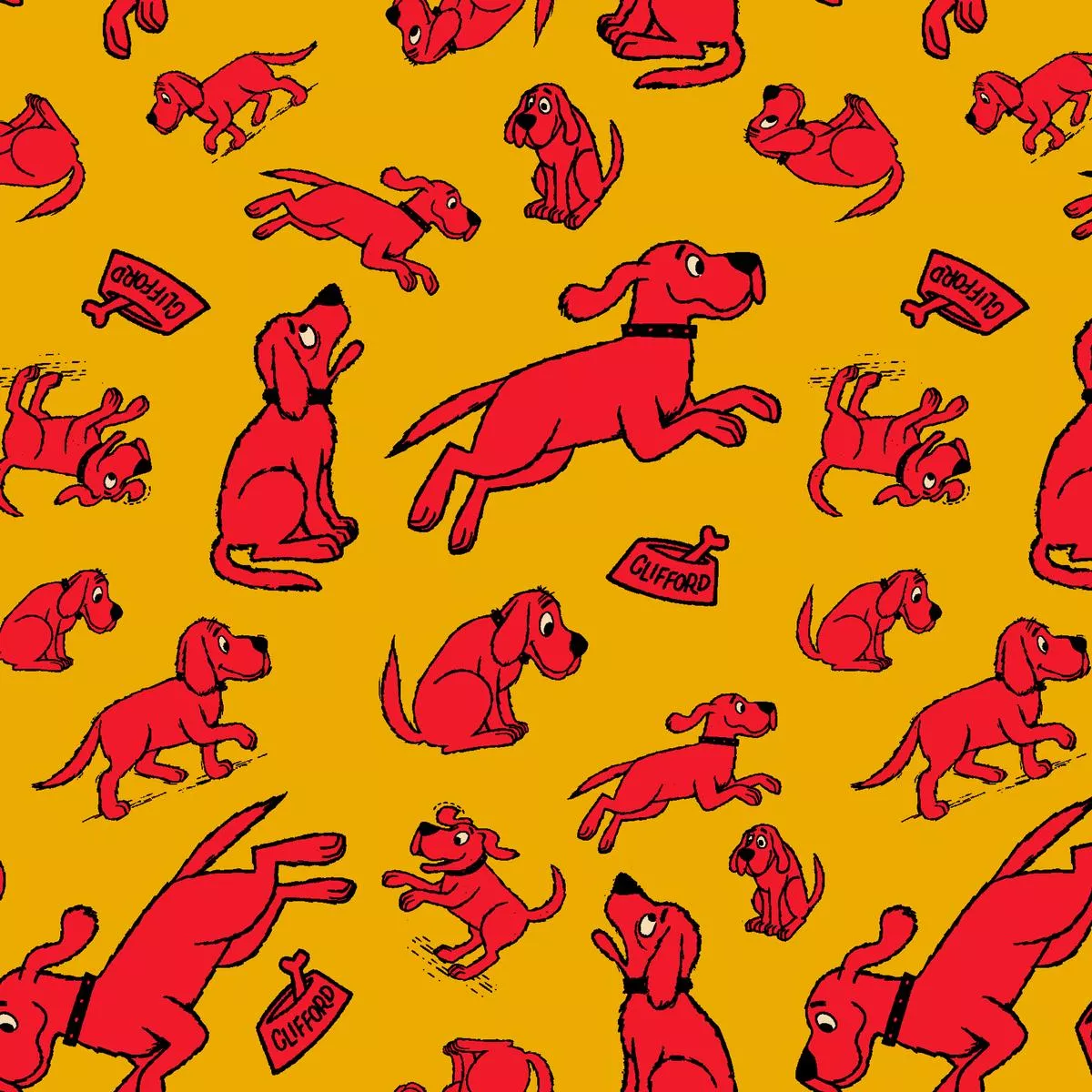 Clifford Playful Poses on Yellow Fabric
