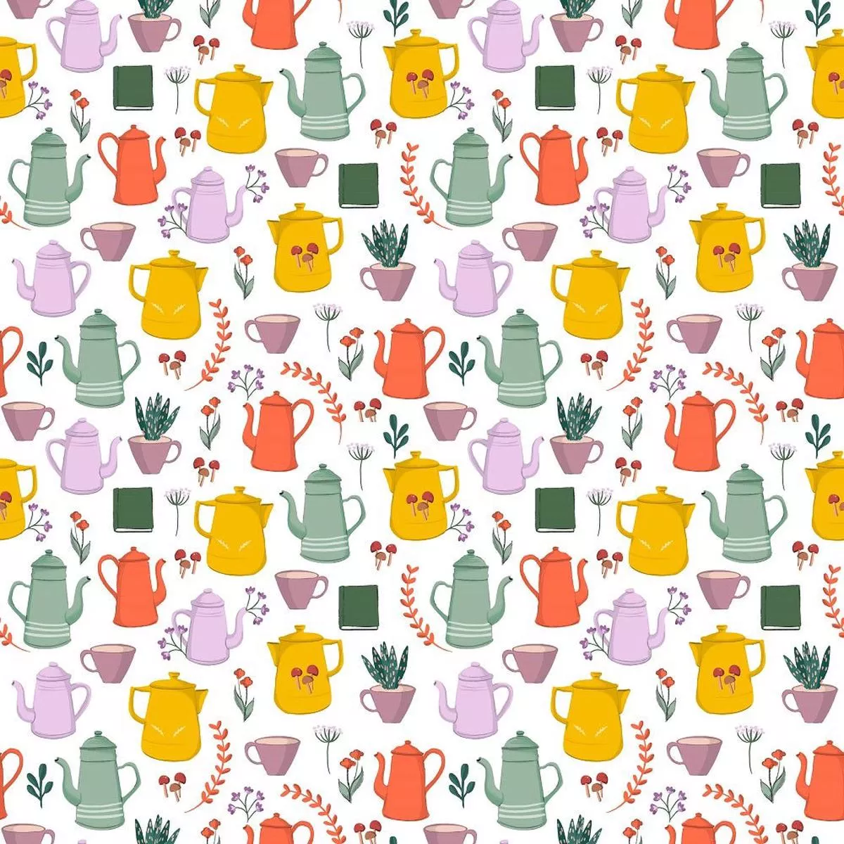 Coffee Lover Pots Allover Fabric – White