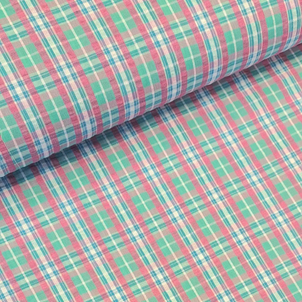 cotton-seersucker-green-pink-check Cotton Seersucker – Green/Pink Check