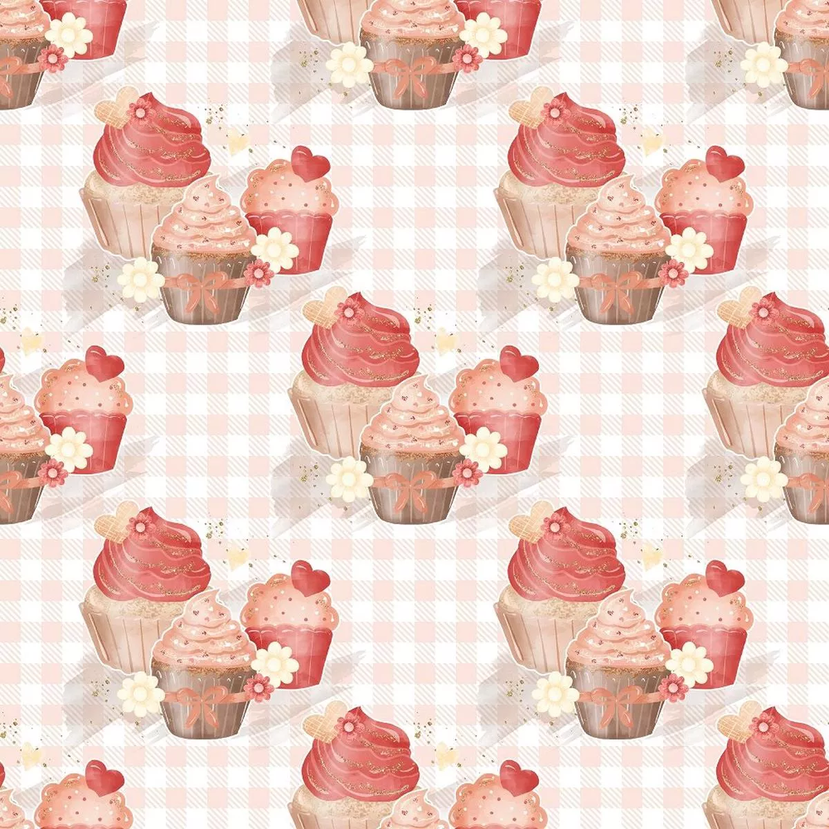 Cupcake Trio on Checkered Fabric – Peach