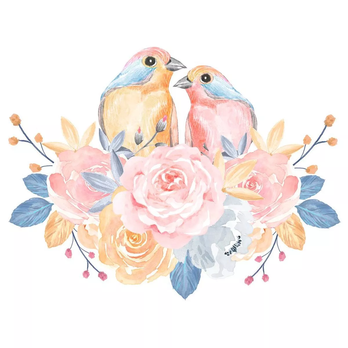 Cute Birds and Flowers Fabric Panel