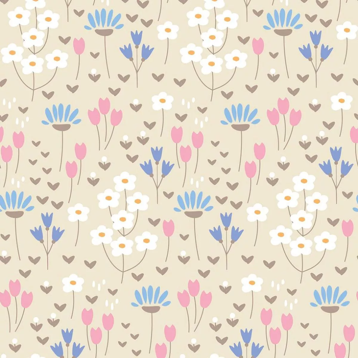 Cute Doodle Flowers Fabric – Tan