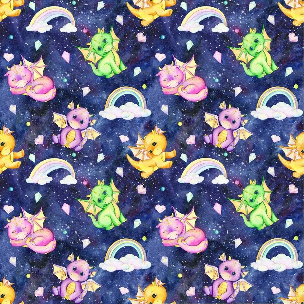 cute-dragons-rainbows-crystals-fabric-dark-blue Cute Dragons, Rainbows, & Crystals Fabric – Dark Blue