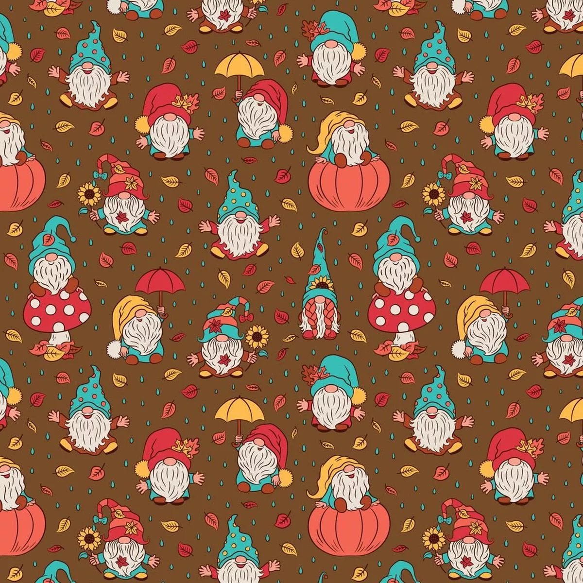 cute-fall-gnomes-leaves-fabric-brown Cute Fall Gnomes & leaves Fabric – Brown