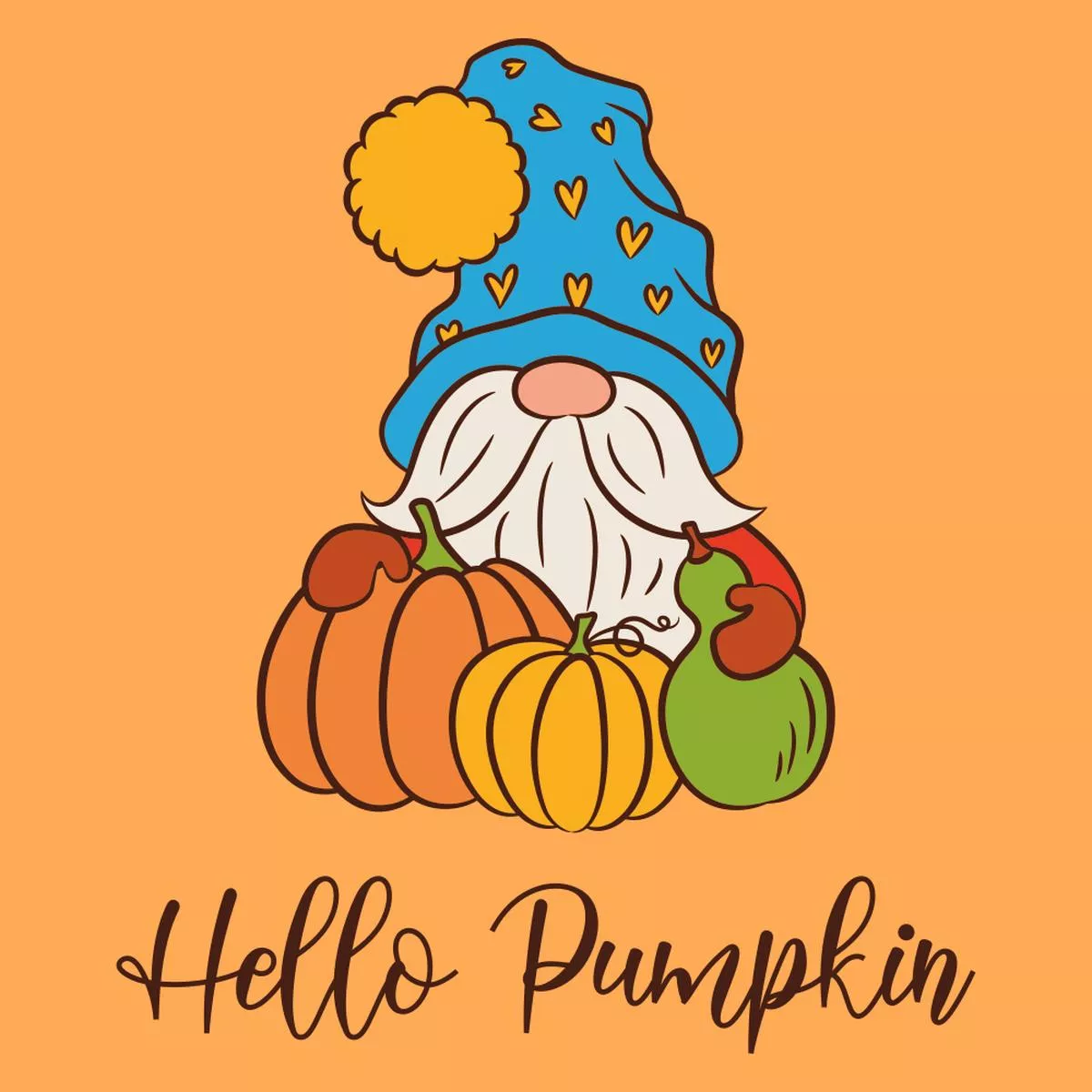 Cute Gnome Hello Pumpkin Fabric Panel – Orange