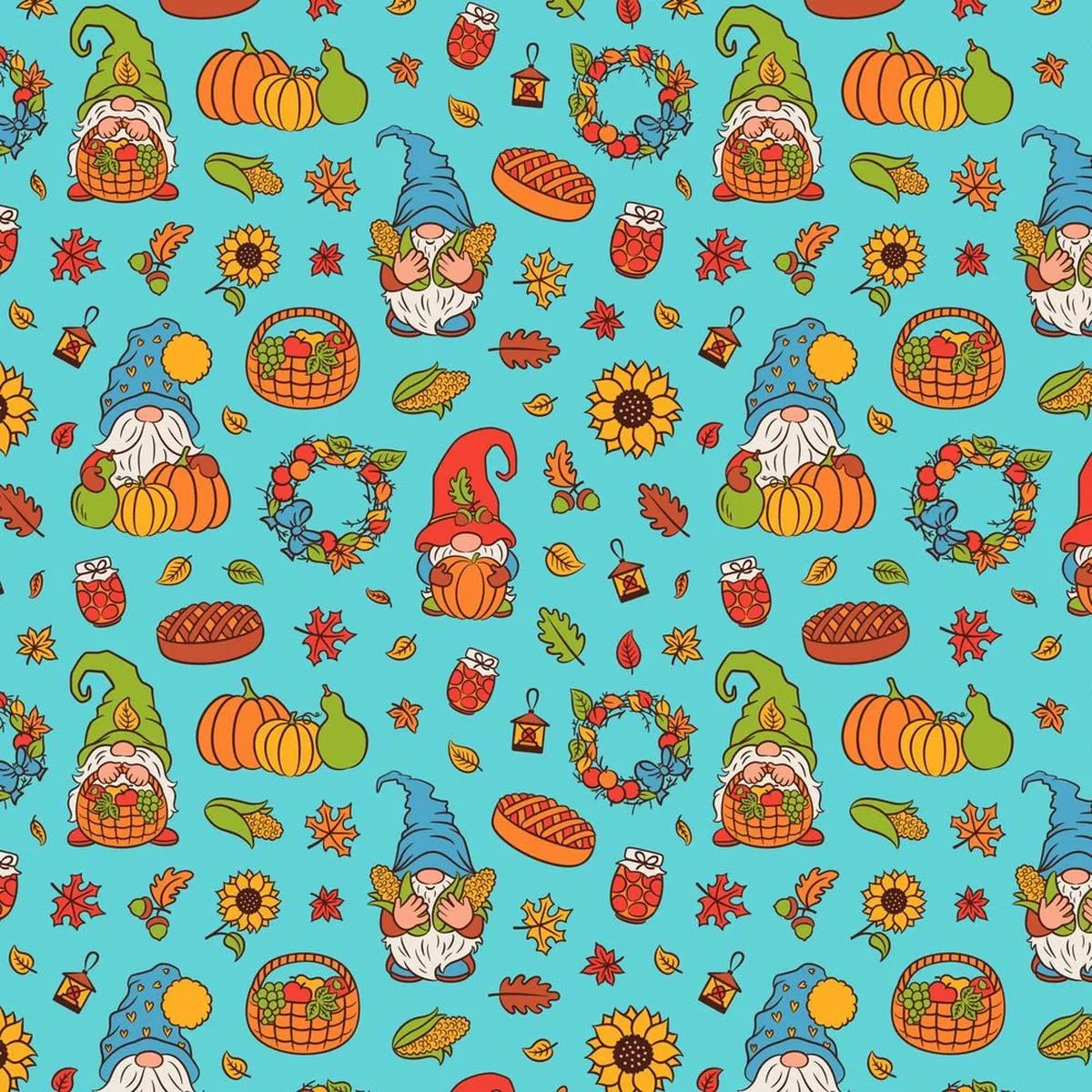 cute-harvesting-gnomes-fabric-blue Cute Harvesting Gnomes Fabric – Blue