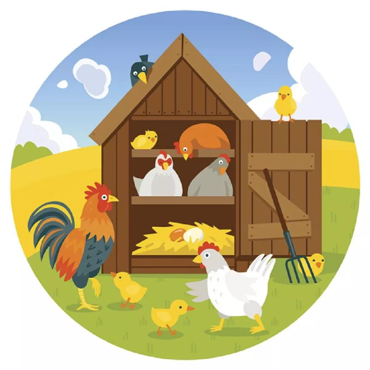 Cute Henhouse & Chickens Fabric Panel – Multi