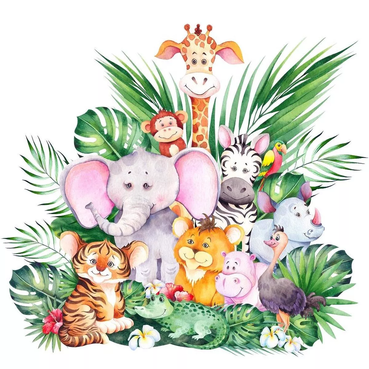 cute-safari-animals-in-jungle-fabric-panel-multi Cute Safari Animals In the Jungle Fabric Panel – Multi
