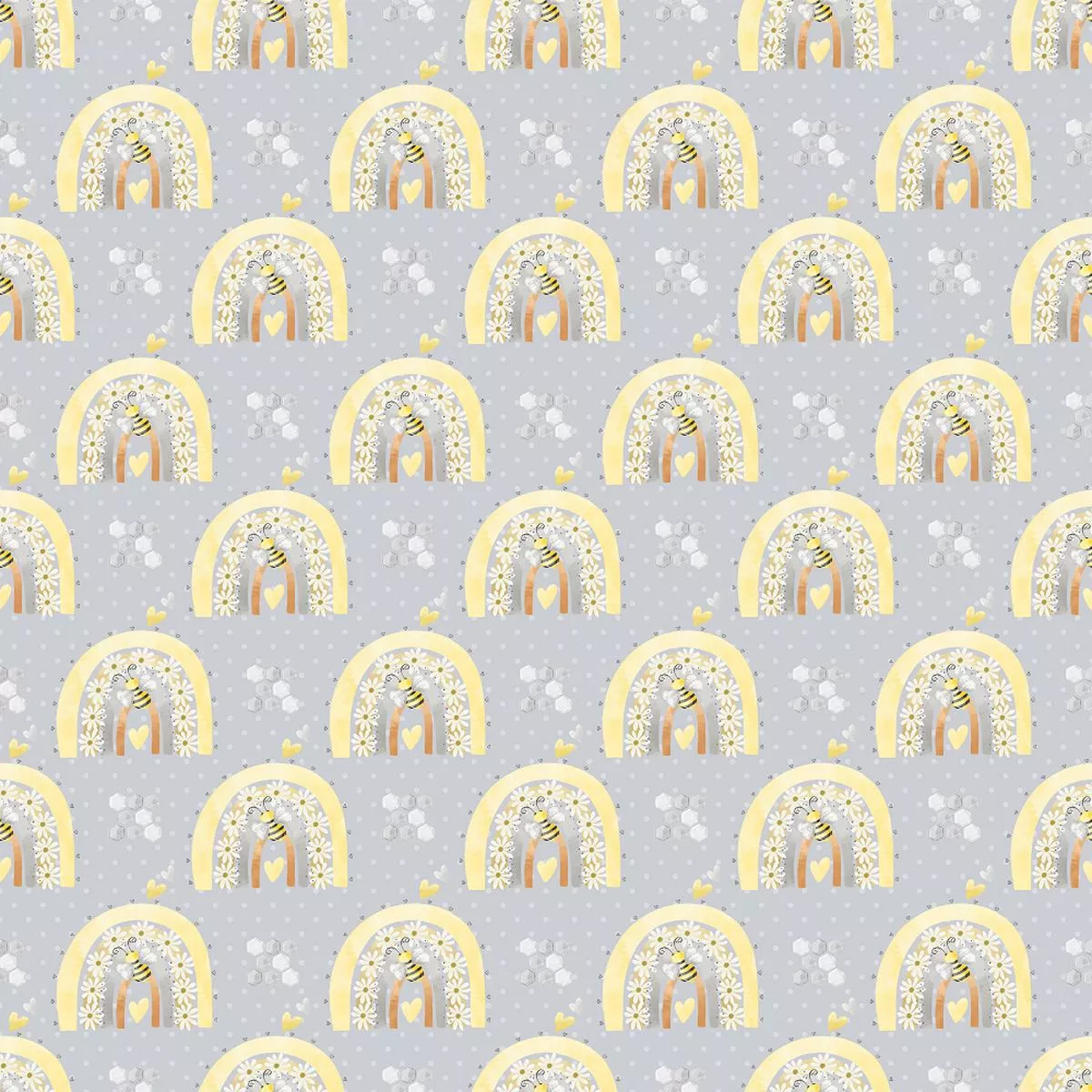 Daisy Rainbows on Polka Dot Fabric – Grey