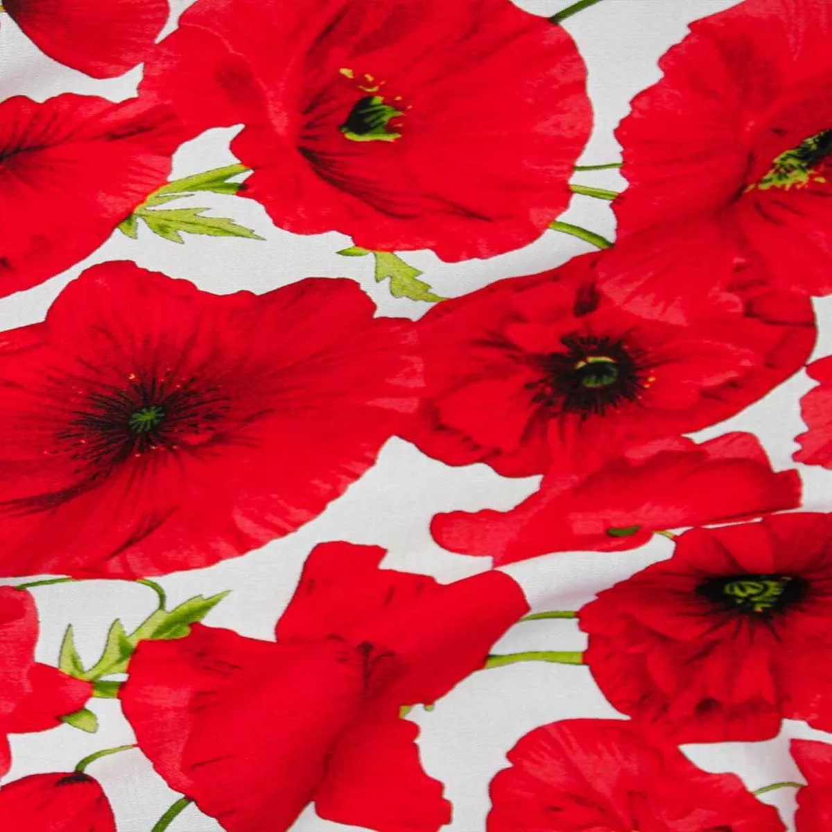 Digital Poppy Slub Rayon Off White / Red