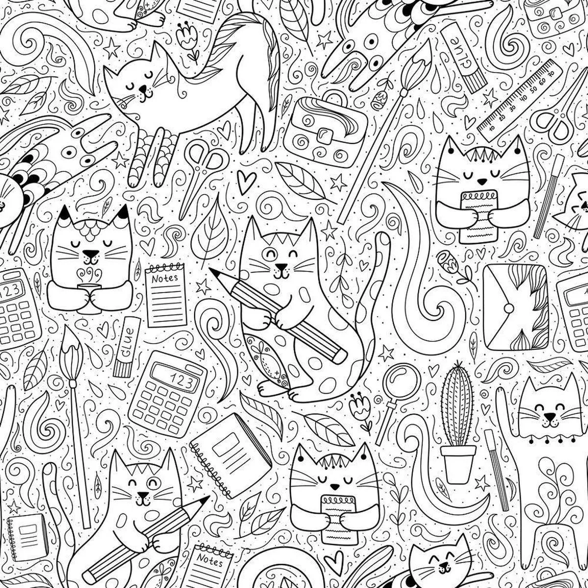 Digitally Printed Cats Go To School Fabric